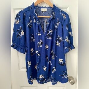Melloday, size 1X, blue floral blouse, smocked top